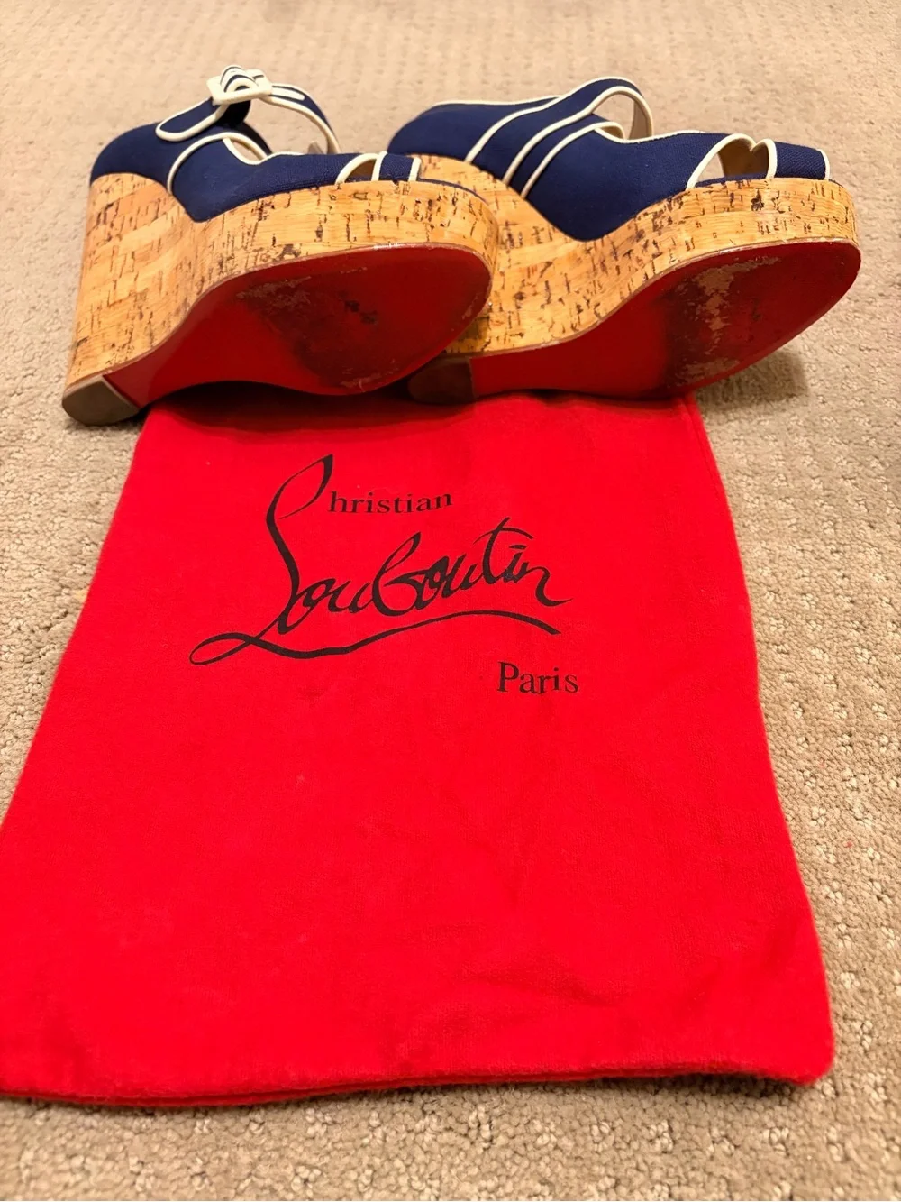 Christian Louboutin Cork Wedge Espadrille Heels – Navy/White